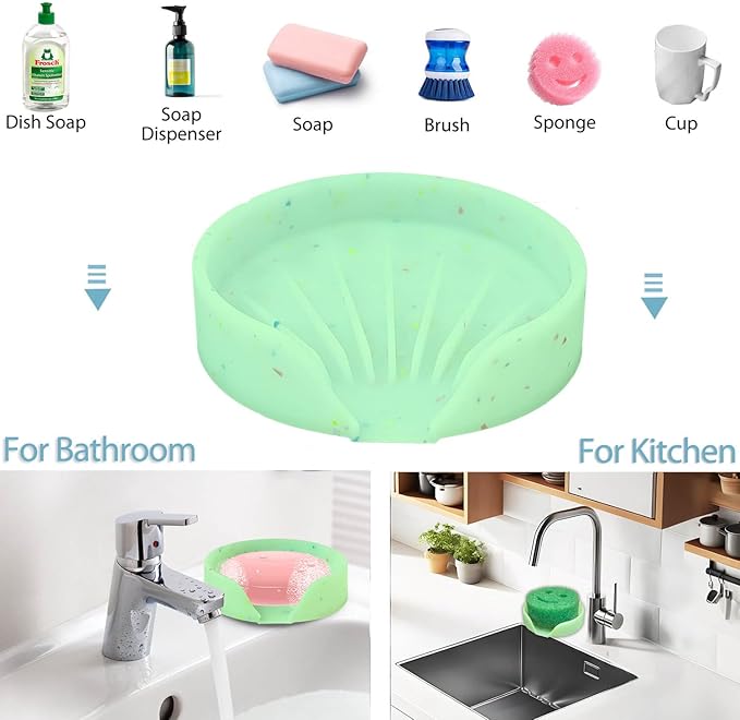 Silicone Bathroom Soap Dishes, Self Draining Waterfall Bar Soap Holder & Saver, Dish Soap Tray, Sponge Holder, 13 Non-Slip Suction Cups Dishwasher Safe for Bathroom Kitchen Shower Sink Organizer Green