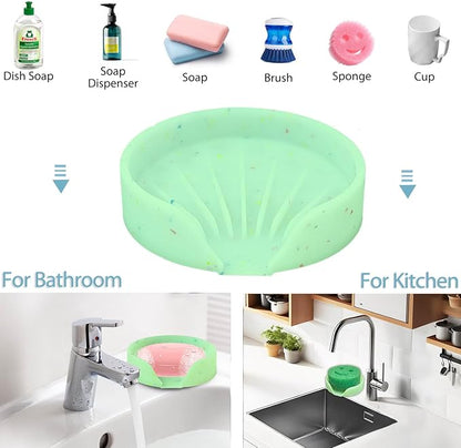 Silicone Bathroom Soap Dishes, Self Draining Waterfall Bar Soap Holder & Saver, Dish Soap Tray, Sponge Holder, 13 Non-Slip Suction Cups Dishwasher Safe for Bathroom Kitchen Shower Sink Organizer Green