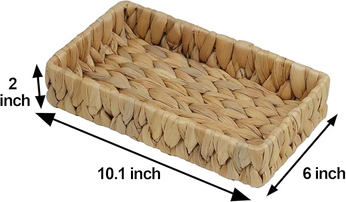 Bathroom Tray Countertop, 10 Inch Water Hyacinth Bathroom Basket, Toilet Tank Bathroom Vanity Tray, Rattan Wicker Tray for Bathroom Decor Coffee Table (Small)