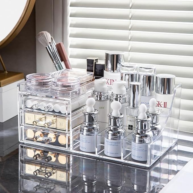 Cq acrylic 1 Pack Clear Make Up Organizer Countertop,Stackable 3 Drawers Makeup Storage,Cute Vanity Organizers for Dresser Hair Clip,Jewelry,Beauty Product Desk and Bathroom Organizers and Storage