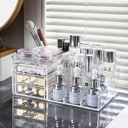 Cq acrylic 1 Pack Clear Make Up Organizer Countertop,Stackable 3 Drawers Makeup Storage,Cute Vanity Organizers for Dresser Hair Clip,Jewelry,Beauty Product Desk and Bathroom Organizers and Storage