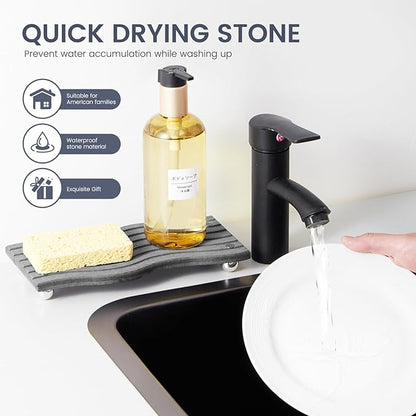 Water Absorbing Stone Tray for Sink,Quick Drying Diatomaceous Earth Coasters Sink Caddy Organizer,Soap Dish Holder & Toothbrush Holder for Bathroom Counter， Toiletries（Dark Grey, 8.67" L x 4.33" W）