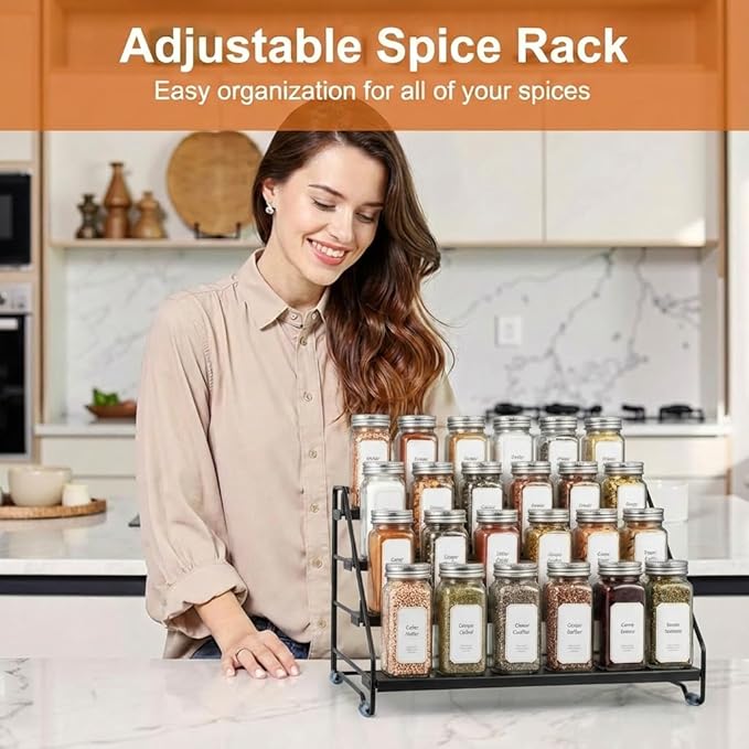 4 Tier Spice Rack Organizer for Cabinet, Step Adjustable Spice Shelf Seasoning Organizer with Non Slip Tiers, Expandable Metal Spice Rack for Kitchen Countertop, Pantry, Cupboard – Black