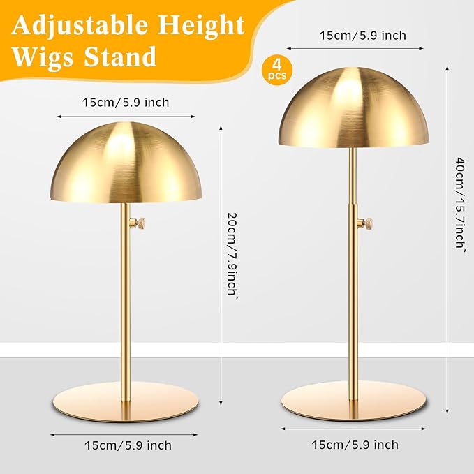 Sintuff 4 Pcs Hat Display Stand:adjustable 7.9-15.7inch Wigs Head Holder Stand Non Slip Stainless Steel Metal Rack for Multiple Hats Wig Storage Styling Practice(Gold,Round Base)
