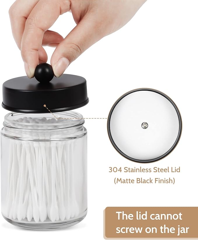 2-Pack Bathroom Apothecary Storage Jars, Vanity Countertop Canister, Glass Jars Q-tip Holder, Cotton Swab Container, Bathroom Storage Container with 8 Pcs Waterproof Labels (9 Oz, Clear)