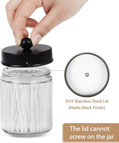 2-Pack Bathroom Apothecary Storage Jars, Vanity Countertop Canister, Glass Jars Q-tip Holder, Cotton Swab Container, Bathroom Storage Container with 8 Pcs Waterproof Labels (9 Oz, Clear)