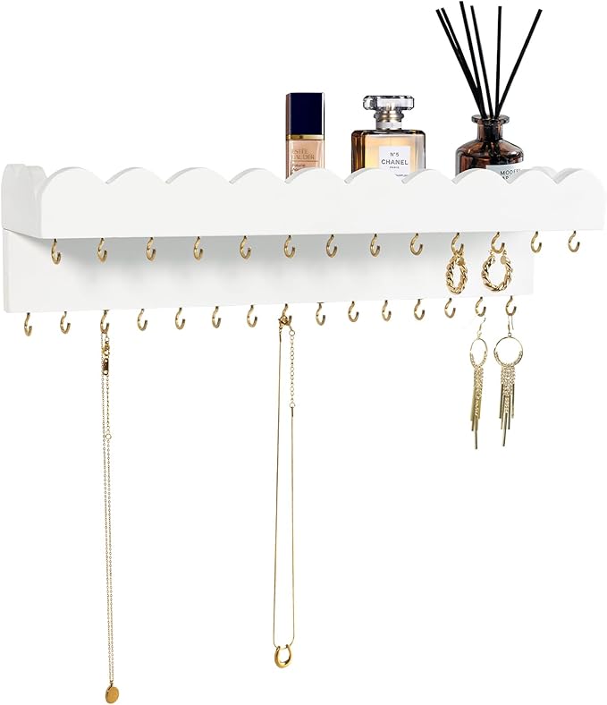 Wall Mount Jewelry Organizer with 28 Hooks and Cosmetics Shelf, Modern Wood Hanging Jewelry Holder for Necklaces, Bracelets, Earrings and Rings, White
