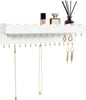 Wall Mount Jewelry Organizer with 28 Hooks and Cosmetics Shelf, Modern Wood Hanging Jewelry Holder for Necklaces, Bracelets, Earrings and Rings, White