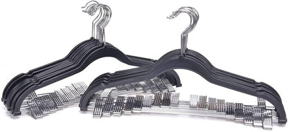 Quality Plastic 20-Pack - Non Velvet Non-Flocked Thin Compact Coat Hangers with Metal Clips for Skirts Pants Blouses - 360° Swivel Hook (Black, 20)
