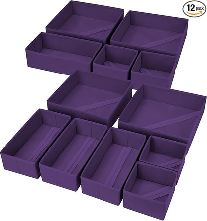 DIMJ Drawer Organizer Clothes, 12 Pack Dresser Organizer, Foldable Closet Organizers and Storage, Fabric Dresser Bins, Drawer Dividers for Nursery, Baby Clothes, Underwears, Sock (Purple)