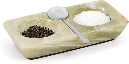Marble Salt and Pepper Dish with Spoon, Handcrafted Double Spice Tray with 2 Compartments, Natural Stone Condiment Dish for Cooking Prep and Serving - Green Onyx