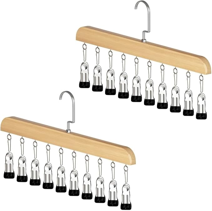 10-Clip Hanging Closet Organizer, Space Saving Pants Hanger with Adjustable Clips, Multi-Layer Garment Rack for Ties, Scarves, Belts, Clothes Storage(2*Wood)