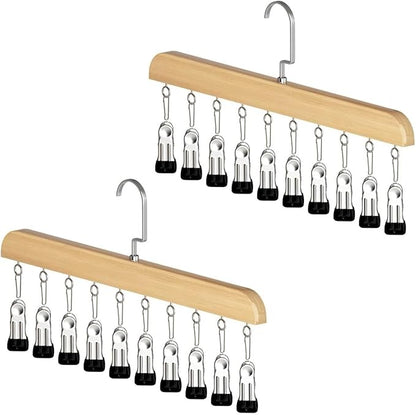 10-Clip Hanging Closet Organizer, Space Saving Pants Hanger with Adjustable Clips, Multi-Layer Garment Rack for Ties, Scarves, Belts, Clothes Storage(2*Wood)