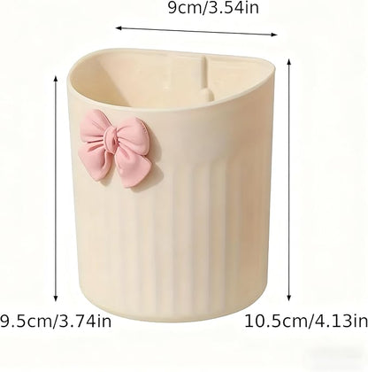 Wall-Mounted Plastic Small Makeup Brush Holder with Bow, Self-adhesive Multifunctional Holder Cup for Brushes, Pens & Pencils, Toothbrushes, Ideal for Bathroom or Office Countertop
