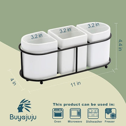 Buyajuju 3 Piece Porcelain Flatware Holder Caddy with Metal Rack, Utensil Holder Caddy For Spoons, Knives and Forks Cutlery Organizer