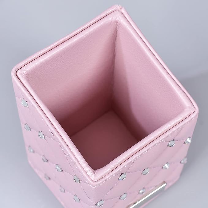 LORYP Makeup Brush Holder Crystal Brushes Cup Pink PU Make up Brush Case Bag Storage for Women (Pink-Large)