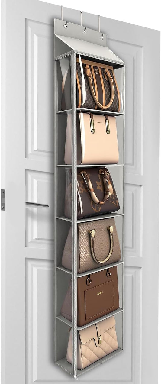 Lirex Over The Door Purse Organizer & Purse Shelf for Closet – Handbag Storage Organizer with Purse Hanger. Perfect for Scarves, Hats, and Leggings. S (11.8'' x 5'' x 51.6''), Light Grey