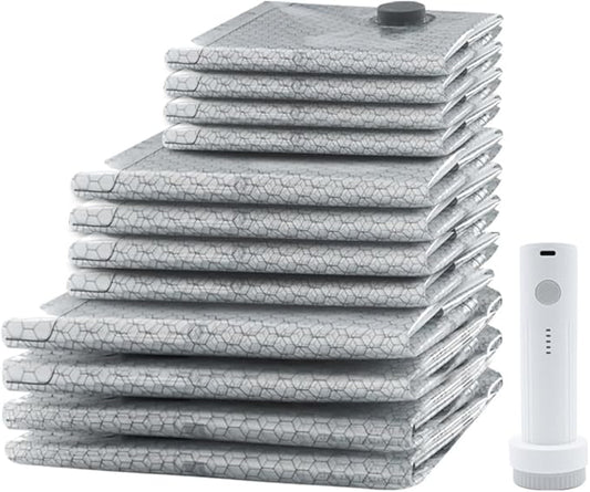 Travel Vacuum Bags with Pump: Vacuum Seal Bags for Clothing with Rechargeable 6000Pa Pump - Space-Saving, Premium Heavy Duty Storage Bags for Clothes, Bedding, Seasonal Items (4 sets, S+M+L)