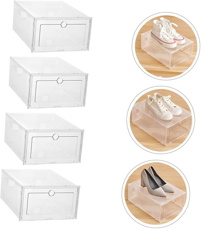 4pcs Folding Storage Boxes Lids Stackable Shoe Organizers Shoe Storage Space-saver for Home