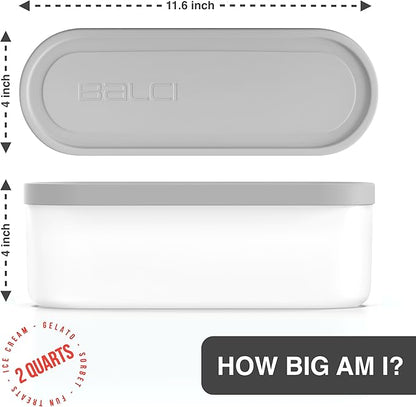 BALCI - Ice Cream Container - 2 Quart - Perfect Reusable Freezer Storage for Homemade Ice Cream Tubs for Sorbet, Frozen Yogurt and Gelato! - Flexible Silicone Lids, Long Scoop, Stackable - Grey