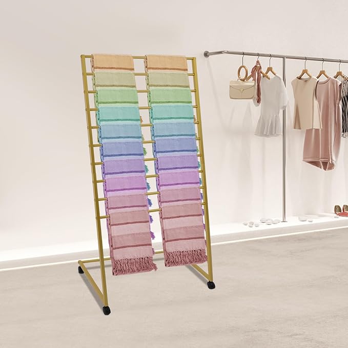 10 Tier Metal Scarf Holder Organizer, Freestanding Hijab Rack, Floor-Standing Hijab Stand for Boutique Display, Retail Store, Bedroom (Gold, 10 Tier)