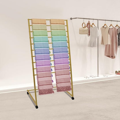 10 Tier Metal Scarf Holder Organizer, Freestanding Hijab Rack, Floor-Standing Hijab Stand for Boutique Display, Retail Store, Bedroom (Gold, 10 Tier)