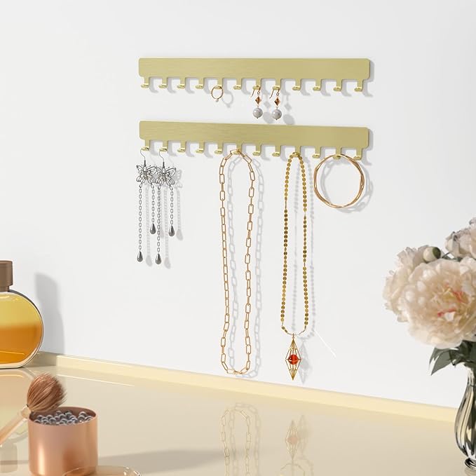 Bussdis Necklace Holder Hanging Jewelry Organizer: Self-Adhesive Wall Organizer for Necklaces, 2 Pack, Gold