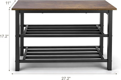 3-Tier Shoe Rack Bench, Shelf Storage Bench w/h Metal Shelves and Seat, Free Standing Shoe Organizer for Entryway, 11 x 27.2 x 17.2 Inches Shoe Bench, Brown & Black