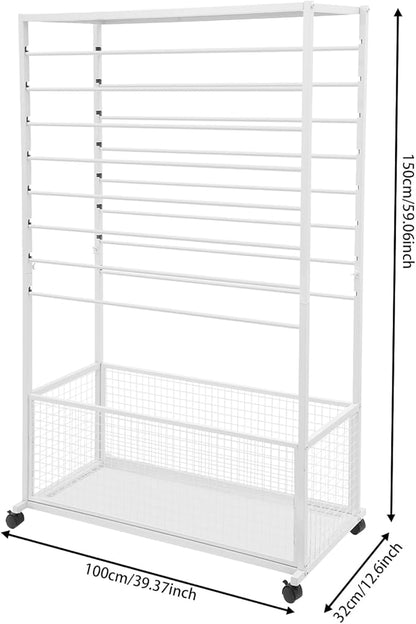 16-Tier Double-Sided Ribbon Holder Organizer Rack with Storage Basket & Wheels, Multifunctional Flower Wrapping Paper Display Stand for Craft Rooms, Flower Shops (White, 39.37''W x 12.6''D x 59.06''H)