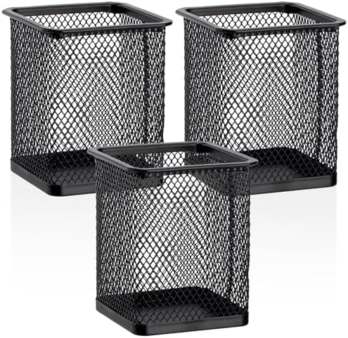 Segarty Square Pen Holder, 3 Pack Black Pen Holder for Desk, Metal Mesh Pencil Cup Container Desktop Accessories Organizer for Office, School, Home, Makeup Brush by Segarty