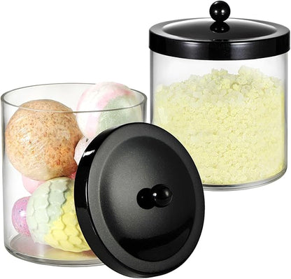 2 Pack 50 Oz Large Plastic Apothecary Jar with Black Stainless Steel Lid - Shatterproof Laundry Pods Container - Modern Industrial Bathroom & Kitchen Storage Organizer for Scent Beads, Bath Bombs