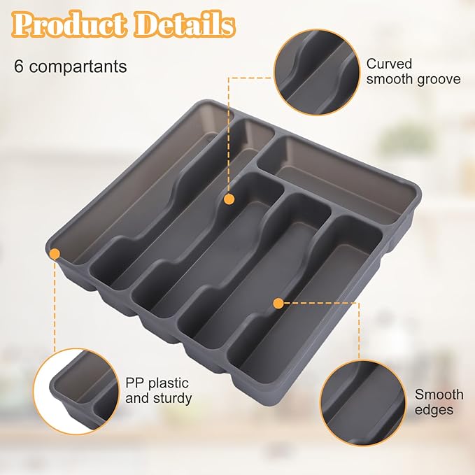 Silverware Organizer with Lid,Plastic Utensil Drawer Organizer,Covered Storage Box Flatware Cutlery Drawer Organizer,Utensil Organizer for Kitchen Drawers,Silverware Tray (Gray)