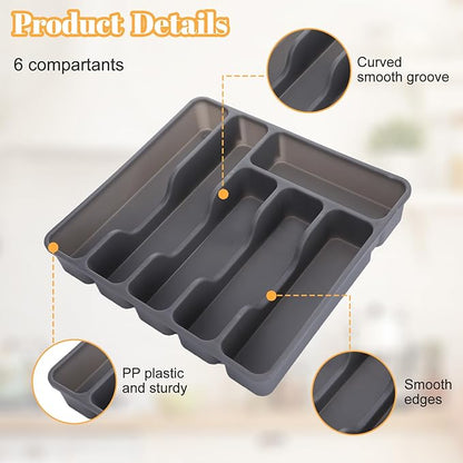 Silverware Organizer with Lid,Plastic Utensil Drawer Organizer,Covered Storage Box Flatware Cutlery Drawer Organizer,Utensil Organizer for Kitchen Drawers,Silverware Tray (Gray)