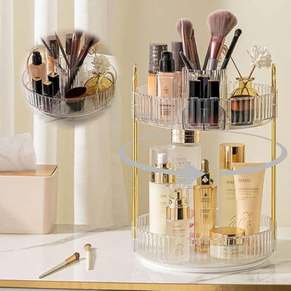 shuang qing Rotating Makeup Organizer for Vanity, High-Capacity Skincare Clear Make Up Storage Perfume Organizers Cosmetic Dresser Organizer Countertop 360 Spinning (Clear, New-2 Tier)
