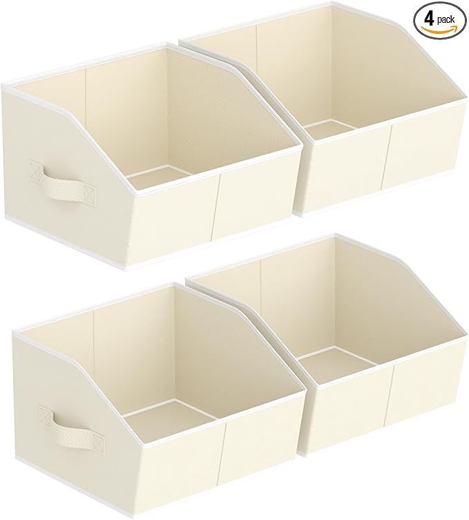 Homsorout Storage Bins for Shelves - Small Trapezoid Closet Shelf Organizer, Fabric Organization Bins with Handles, Storage Baskets for Clothes, Towel, Purse, 4 Pack, Beige