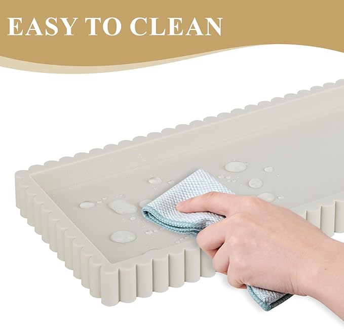 Silicone Bathroom Tray Small Vanity Organizer Rectangle Sink Caddy Sponge Holder Kitchen Counter Decor for Dish Soap, Perfume, Candle, Beige