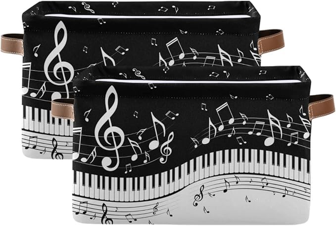 Foldable Storage Baskets Set of 2, Piano Keys Musical Notes Storage Bins with Handles, Decorative Cloth Organizer Storage Boxes for Home|Office 15 x 11 x 9.5 in