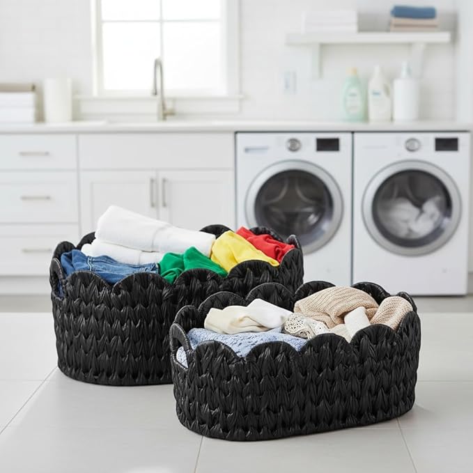 Coeusy Wicker Scalloped Basket Set of 2,Woven Storage Baskets for Shelves,Closet,Laundry,Gift,Towels,Books,Toys,Waterproof Decor Basket for Organizing,Black Oval