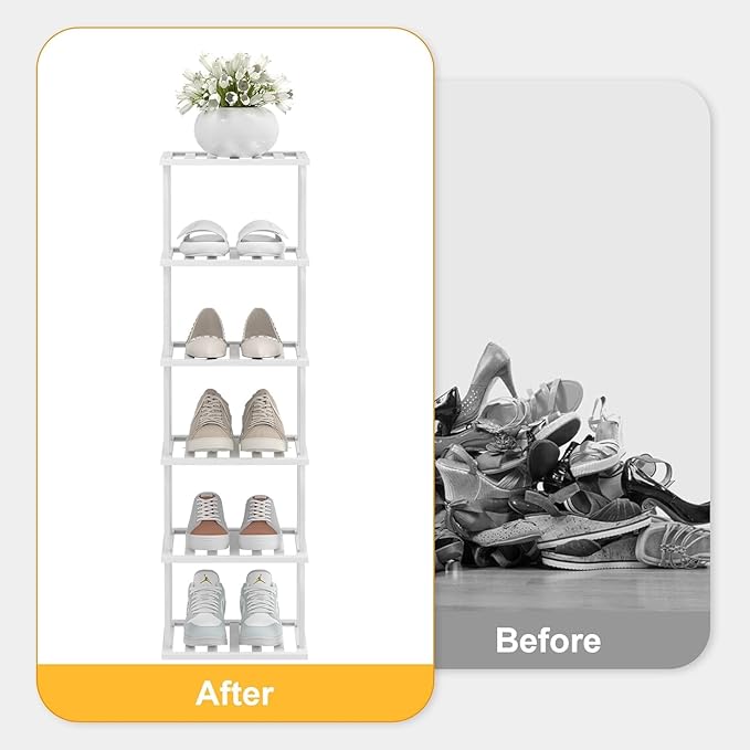 Vertical Bamboo Shoe Rack, Tall Narrow Shoe Storage Organizer for Small Spaces, Stackable DIY Skinny Shoe Shelf for Entryway Closet Corner Doorway, Space Saving Free Standing Shoe Rack