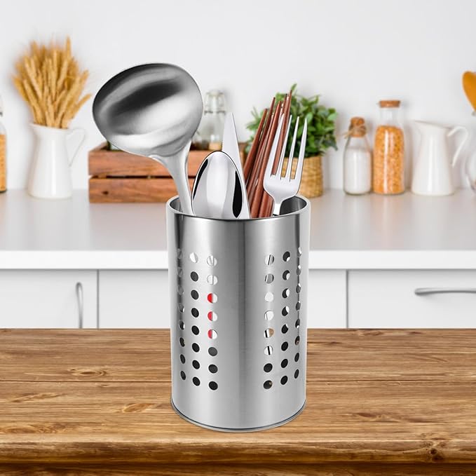 ULTECHNOVO Kitchen Utensil Holder with Drain Holes Stainless Steel Cutlery Organizer for Chopsticks Spoons Forks - 7X4.7 Inch Flatware Drying Rack for Countertop Storage