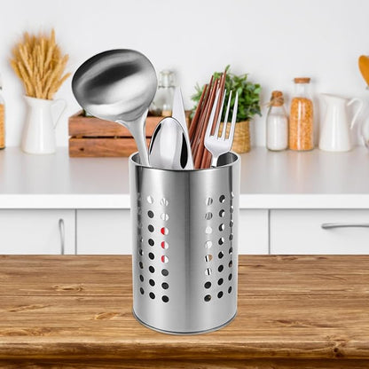 ULTECHNOVO Kitchen Utensil Holder with Drain Holes Stainless Steel Cutlery Organizer for Chopsticks Spoons Forks - 7X4.7 Inch Flatware Drying Rack for Countertop Storage