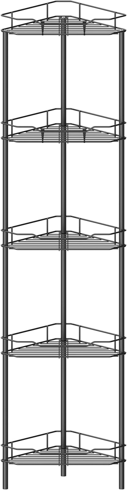 HuggieGems 5 Tier Floor Standing Corner Shower Caddy Organizer Shelf with Hooks, Bathroom Shelves Stand Rack, Black