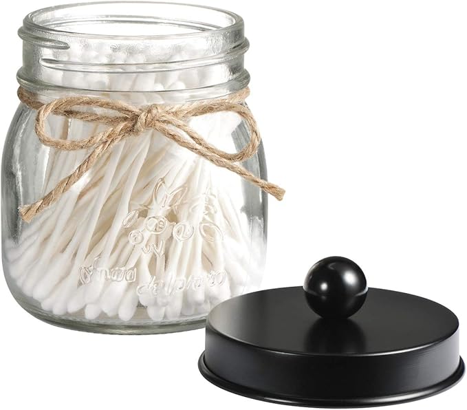 SheeChung Small Mason Jar, Glass Qtip Holder, Apothecary Jars with Lids, Bathroom Organizers and Storage, Bathroom Canister for Q-tips, Cottons, Floss, Balls, Cotton Swabs, Farmhouse Decor-Black