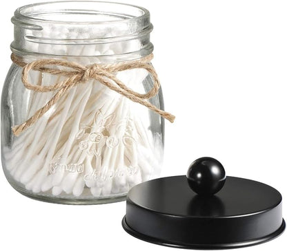SheeChung Small Mason Jar, Glass Qtip Holder, Apothecary Jars with Lids, Bathroom Organizers and Storage, Bathroom Canister for Q-tips, Cottons, Floss, Balls, Cotton Swabs, Farmhouse Decor-Black