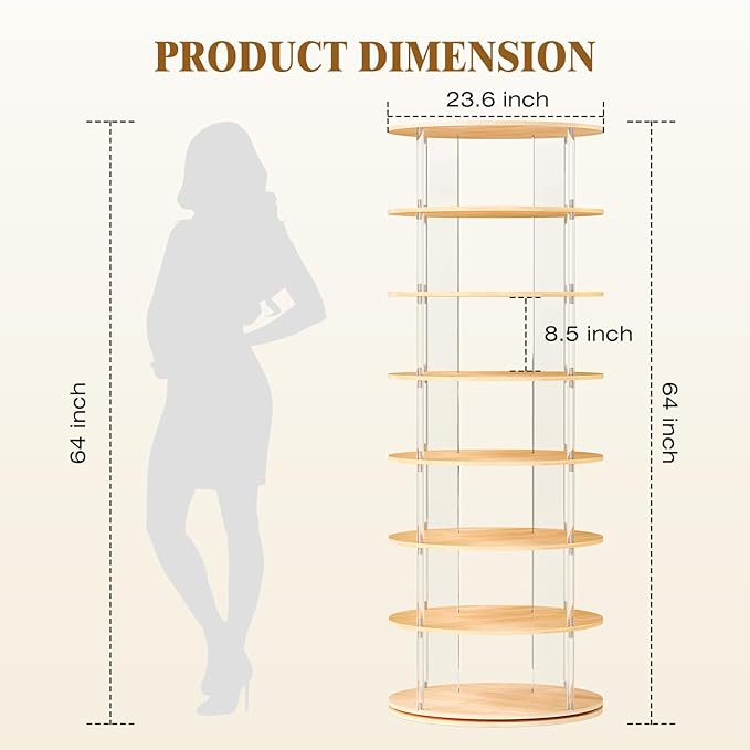 TAKEKIT 7-Tier Rotating Shoe Rack, 360 Degree Spinning Shoe Rack Tower, Lazy Susan Storage Tower Made of Acrylic and Wood, Round Rotating Organizer Shelf for Closet, Entryway and Bedroom