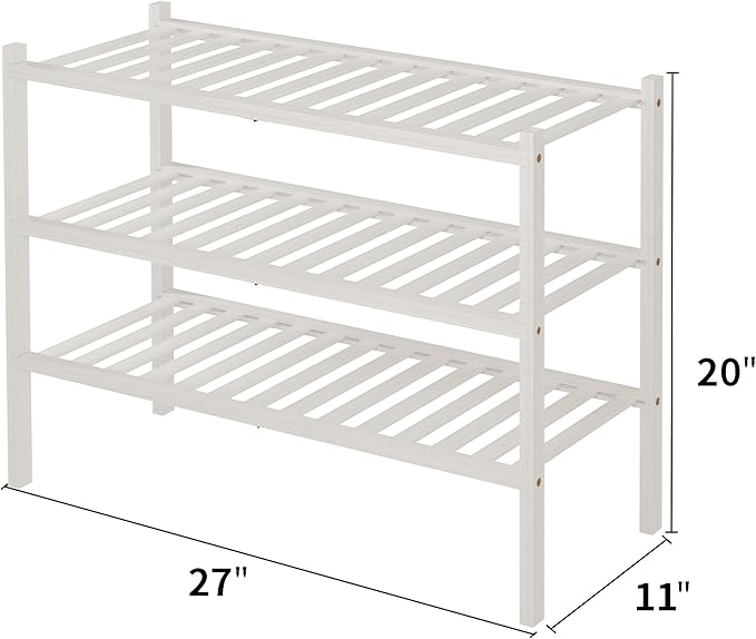 ROMGUAR CRAFT 3 Tier Bamboo Shoe Rack for Closet Free Standing Wood Shoe Shelf Storage Organizer for Entryway Small Space Stackable 27"x11"x20" (White)