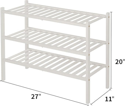 ROMGUAR CRAFT 3 Tier Bamboo Shoe Rack for Closet Free Standing Wood Shoe Shelf Storage Organizer for Entryway Small Space Stackable 27"x11"x20" (White)