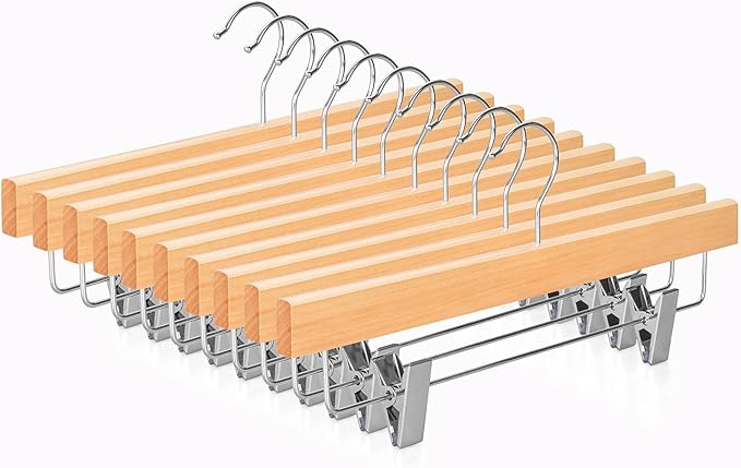 TOPIA HANGER Lotus Wood Pants Hangers, Natural Wooden Skirt Short Jeans Trouser Hanger with Smooth Surface 360° Swivel Hook Anti Rust 2 Adjustable Clips, 10 Pack, CT10PY