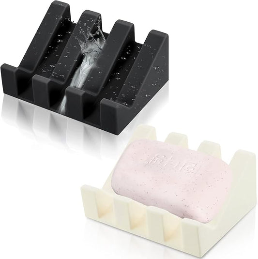 Cunhill 2 Pieces Silicone Soap Dish Self Draining Soap Dish Shower Waterfall Bar Soap Holder Tray with Drain Soap Saver for Kitchen Bathroom Accessories (Black,Cream White)