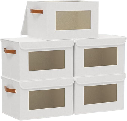 Fabric Storage Boxes with Lids, 10.2 x 7.8 x 6.7 Inch Closet Organizers for Shelves, Foldable Storage Bins with Handles, White, 5-Pack